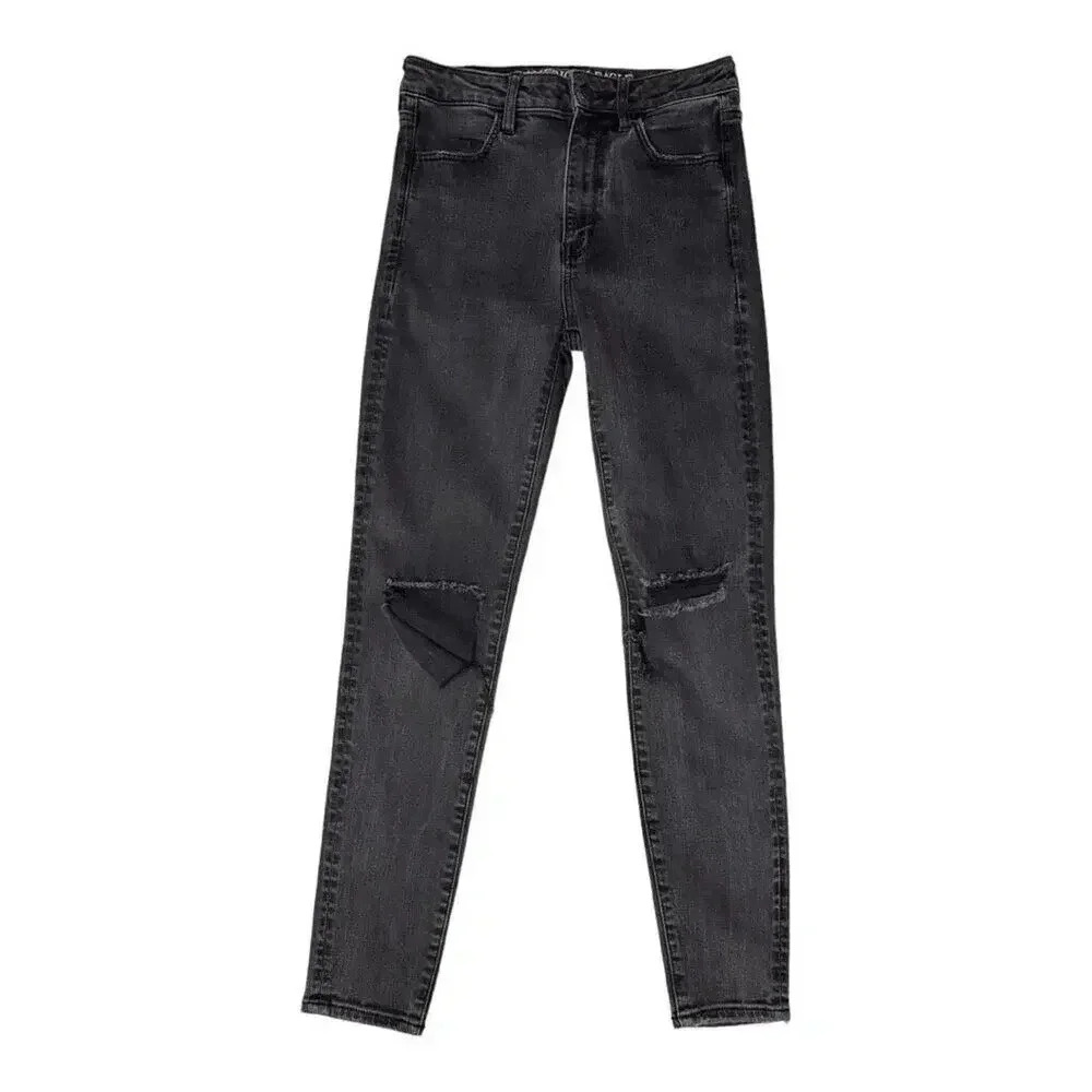 American Eagle Outfitters Size 6 Short Black Distressed Super Hi-Rise Jegging